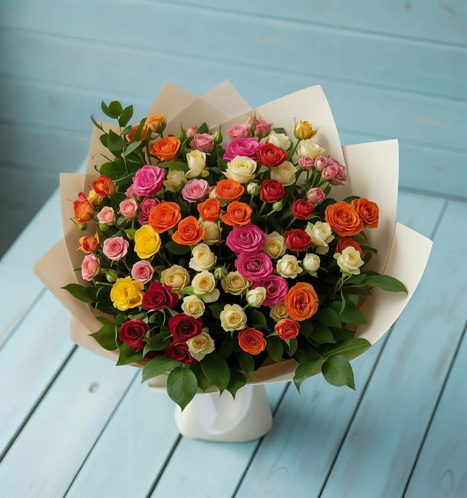 Букет Микс из разноцветных кустовых роз в Горнореченском