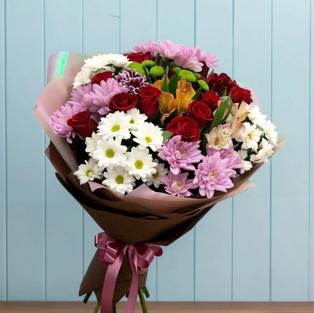 Букет цветов из: Розы, Хризантемы и Альстромерии в Горнореченском
